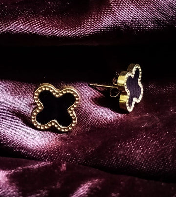 Gold-Edged Black Clover Stud Earrings