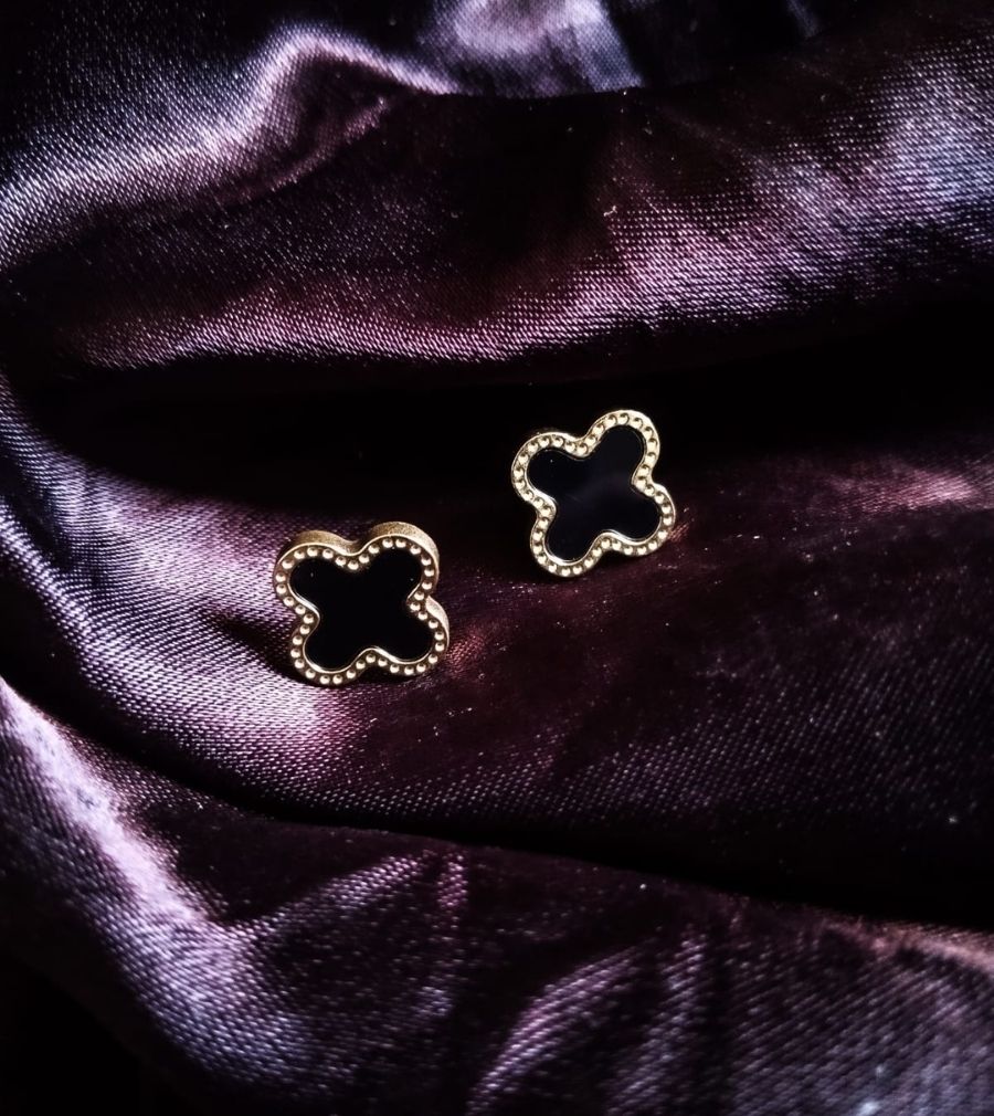 Gold-Edged Black Clover Stud Earrings