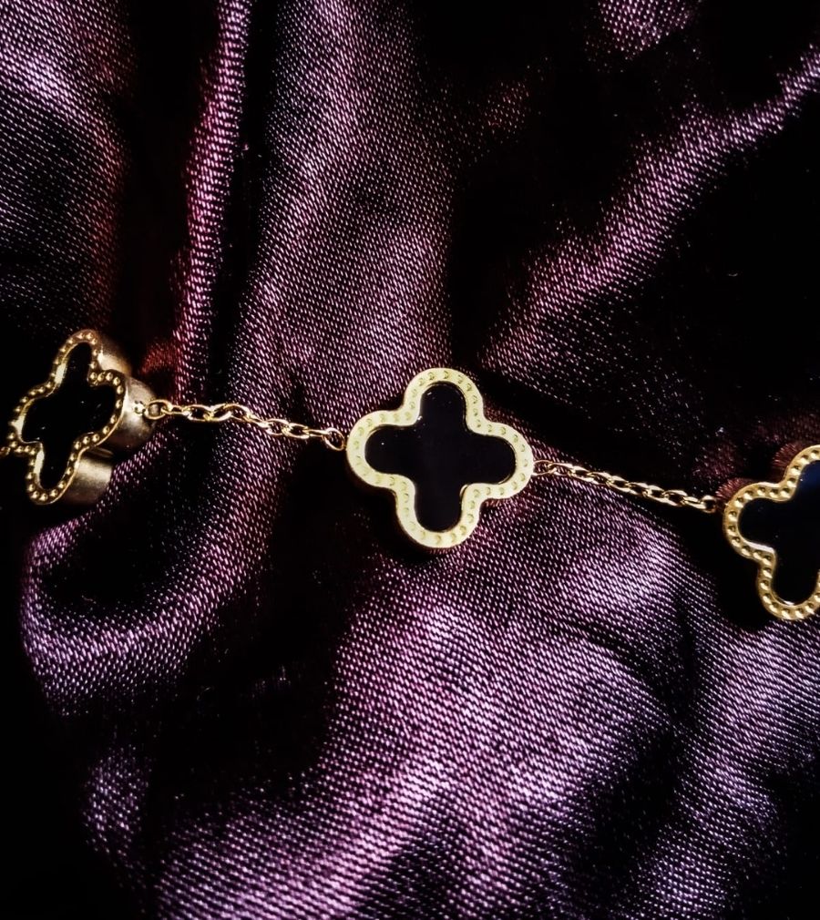 Gold and Black Clover Stainless Steel Bracelet