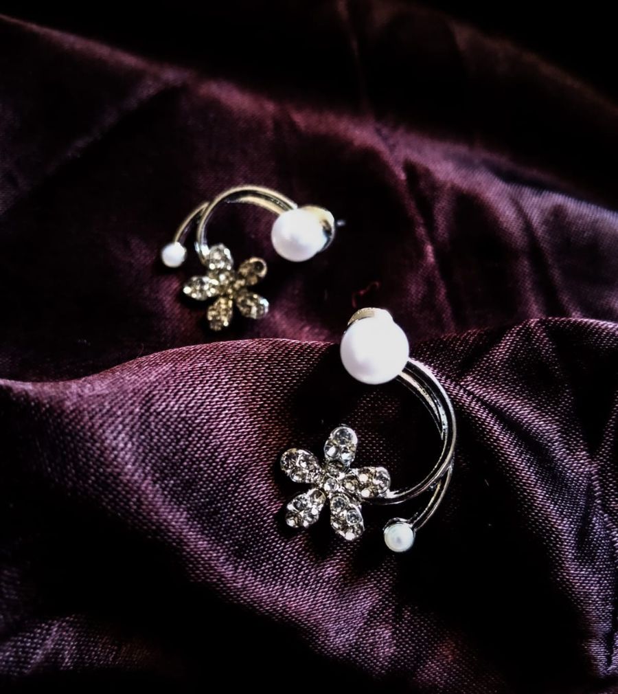 Korean Zirconia Flower Pearl Front Back Studs