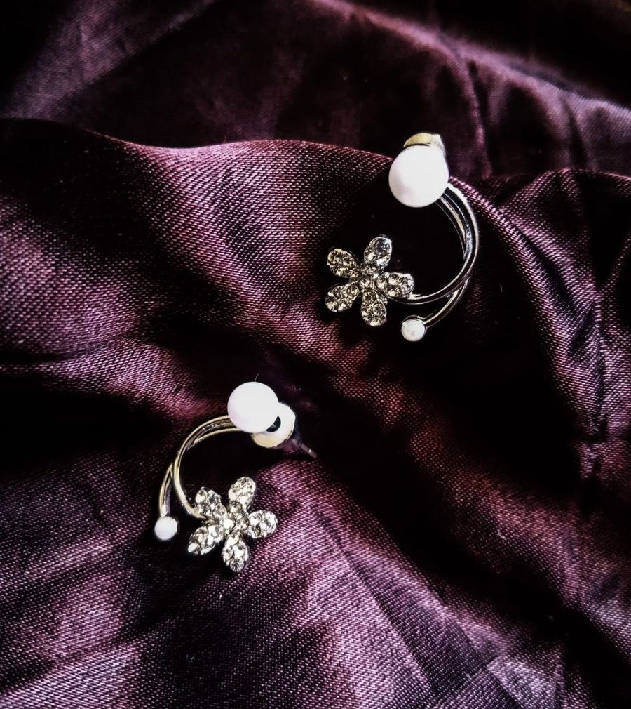 Korean Zirconia Flower Pearl Front Back Studs